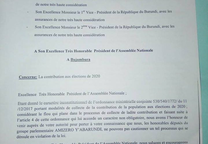 La coalition gouvernementale Amizero y’Abarundi, à travers 25 de ses députés, qualifie la politique gouvernementale de contribution volontaire pour financer les élections de 2020 d’ANTICONSTITUTIONNELLE.