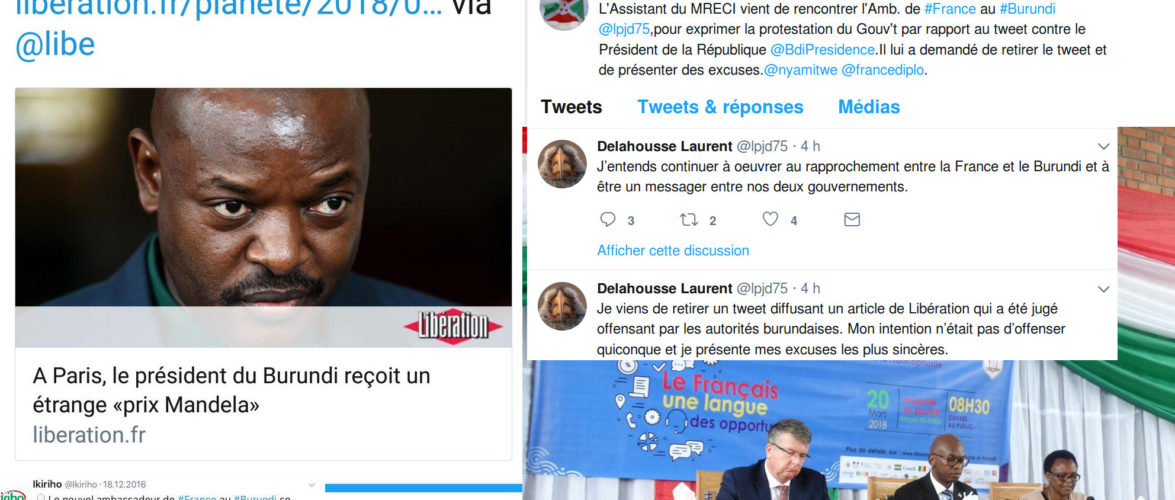 Le Président du Burundi Pierre NKURUNZIZA  reçoit  le – Prix Mandela du courage –  à Paris, en France : L’Ambassadeur de France au Burundi frustré, réagit et réalise le Tweet de trop…