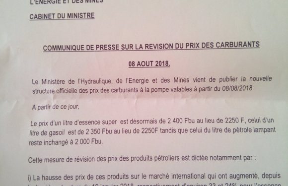 Burundi : Révision des prix du carburant ce 8 août 2018