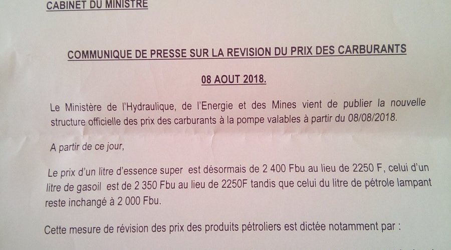 Burundi : Révision des prix du carburant ce 8 août 2018
