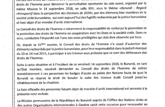 ONU / Burundi :  Note Verbale concernant des fugitifs burundais présents au Palais des Nations à Genève