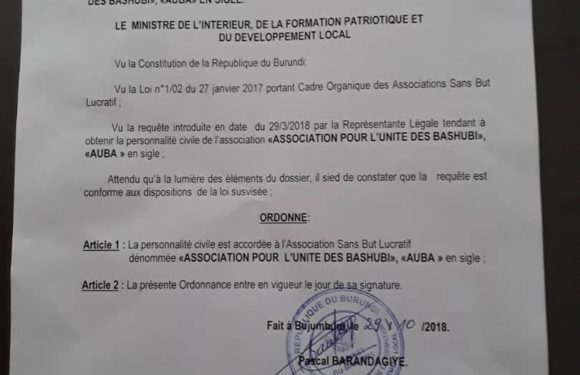 Burundi : Agrément de l’Association pour l’Unité des Bashubi