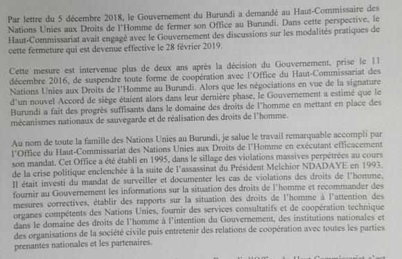 L’Office du Haut-Commissariat des Nations Unies aux Droit de l’Homme de l’ONU au Burundi a fermé ses portes le 28 février 2019