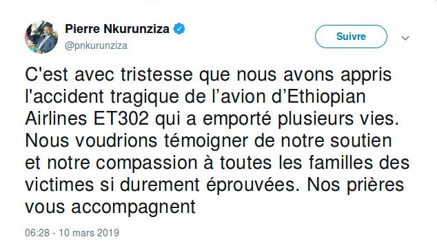 BURUNDI / ETHIOPIE : Le Président du Burundi présente ses condoléances aux familles des victimes de l’accident tragique de l’avion d’Ethiopian Airlines ET 302