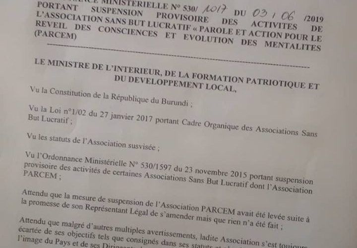 Le Burundi suspend l’ONG PARCEM pour raison sécuritaire à quelques mois des élections démocratiques de 2020