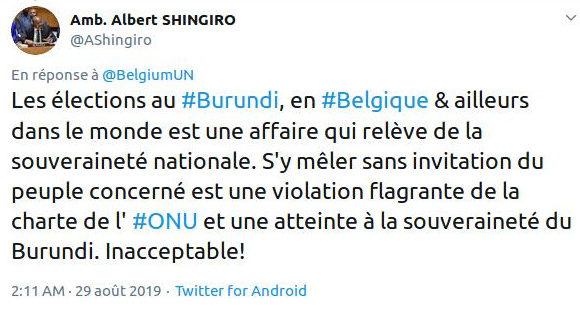 Élections démocratiques burundaises de 2020 : Le Burundi rappelle à l’ordre la Belgique à l’ONU – Occupez vous de vos affaires !