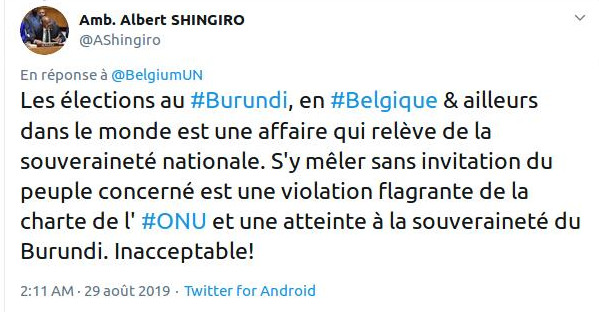 Élections démocratiques burundaises de 2020 : Le Burundi rappelle à l’ordre la Belgique à l’ONU – Occupez vous de vos affaires !