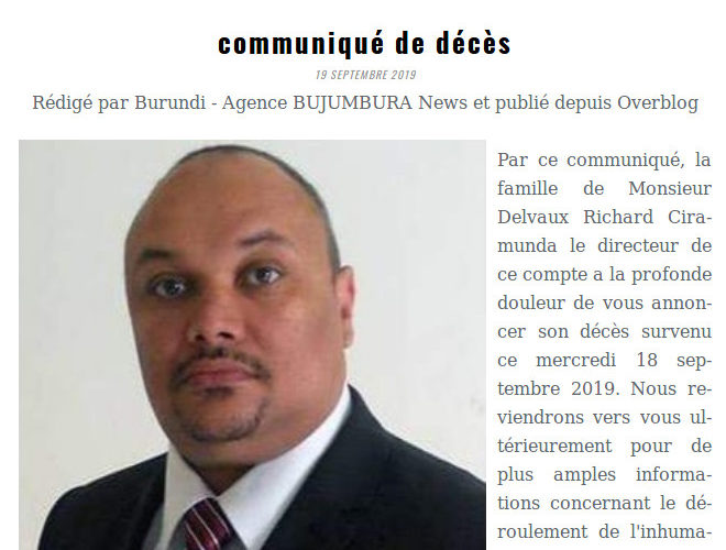 Burundi : Bruxelles – Communiqué de décès de Monsieur Delvaux Richard CIRAMUNDA, directeur de l’Agence BUJUMBURA News.