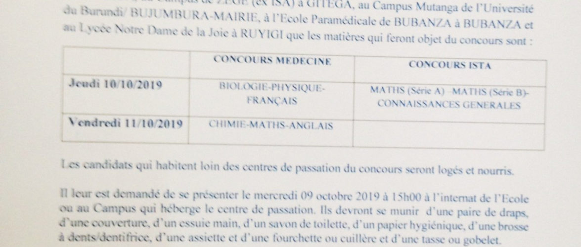 Communiqué destiné aux inscrits aux concours 2019 d’entrée en médecine  au Burundi