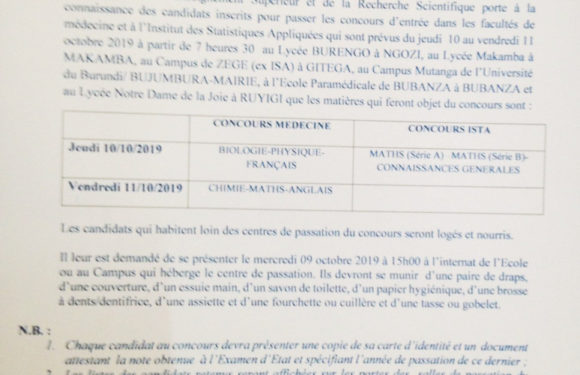 Communiqué destiné aux inscrits aux concours 2019 d’entrée en médecine  au Burundi