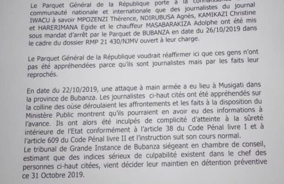 Guerre Géopolitique / Media : 5 collaborateurs d’IWACU en détention préventive au Burundi
