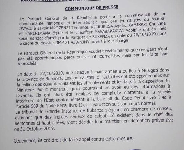 Guerre Géopolitique / Media : 5 collaborateurs d’IWACU en détention préventive au Burundi