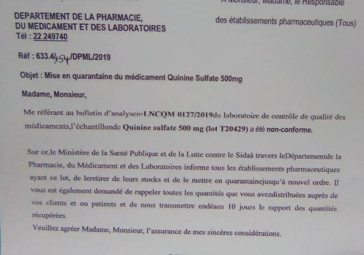 Santé : Le Burundi met en quarantaine un lot de Quinine sulfate 500mg