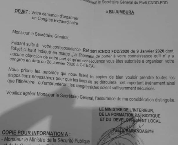 Burundi / Elections Démocratiques 2020 : Le 26 janvier 2020 à Gitega, Congrès National du CNDD-FDD