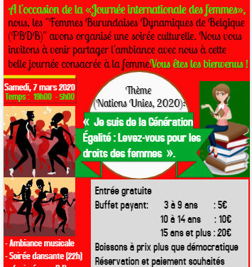 Burundi / Diaspora – Agenda : FBDB vous invite à la Journée internationale des femmes – Samedi 7/03/2020 – Rue Eloy 80, 1070 Bruxelles – 19h