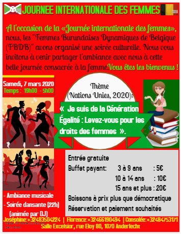 Burundi / Diaspora – Agenda : FBDB vous invite à la Journée internationale des femmes – Samedi 7/03/2020 – Rue Eloy 80, 1070 Bruxelles – 19h