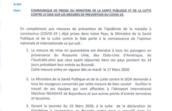 Nouveau communiqué sur le COVID-19 ( 16/03/2020 ) au Burundi