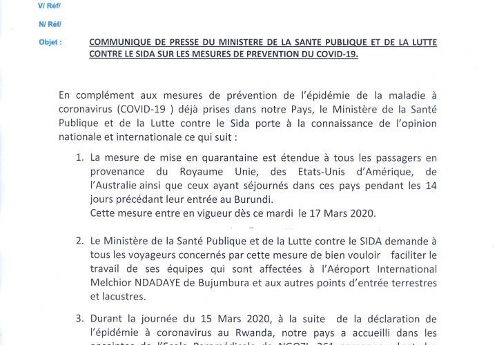 Nouveau communiqué sur le COVID-19 ( 16/03/2020 ) au Burundi