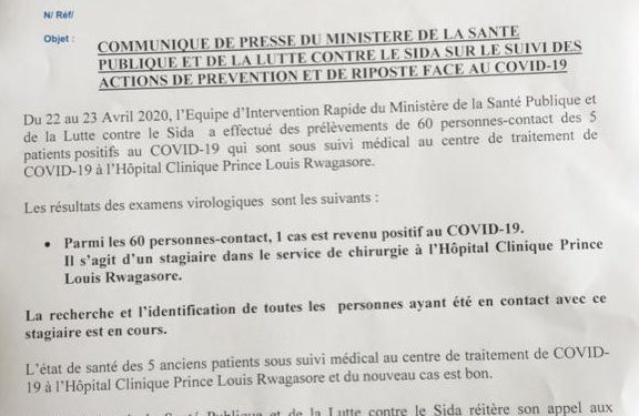 COVID-19 :  6 cas positifs sur 11,  4 guéris, et 1 décès particuliers  –  24 avril 2020 /  Burundi