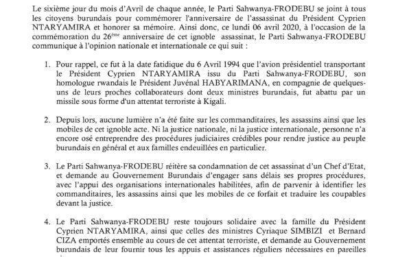SAHWANYA-FRODEBU  commémore  les 26 ans après  Feu NTARYAMIRA Cyprien / Burundi