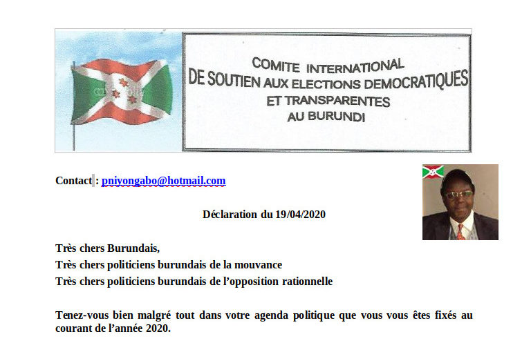 19/04/2020 : Déclaration du Comité International de Soutien Aux Elections Démocratiques et Transparentes au Burundi