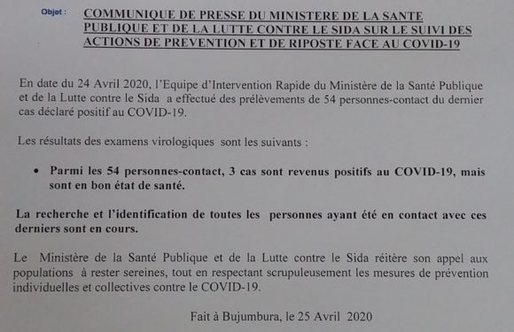 COVID-19 :  9 cas positifs sur 14,  4 guéris, et 1 décès particuliers,  25 avril 2020 / Burundi