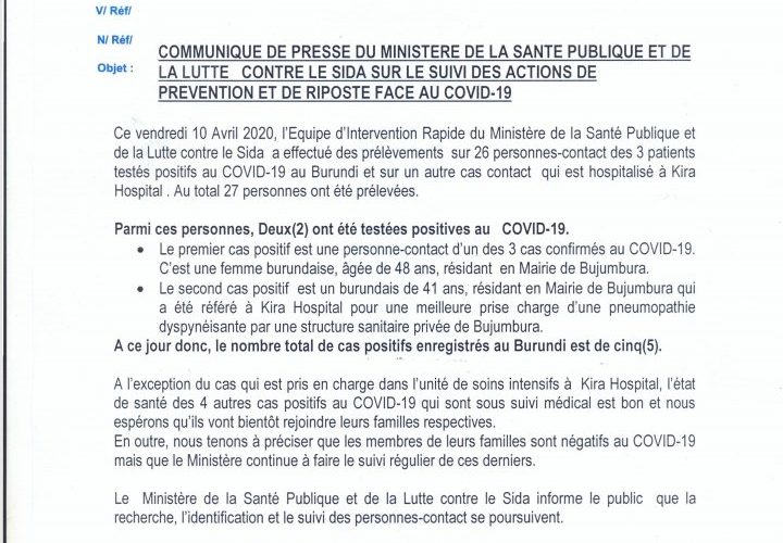COVID-19 :  2 nouveaux cas positifs pour un  total de 5 / Burundi