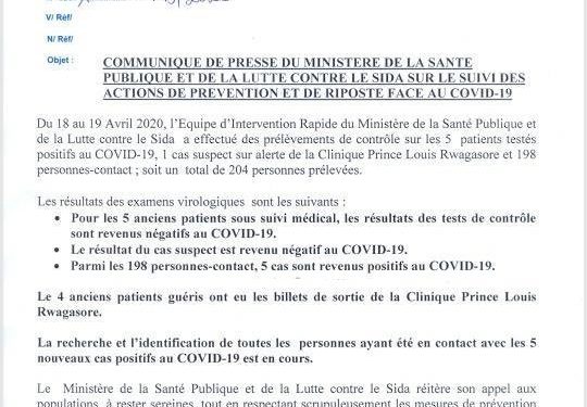 COVID-19 :  5 cas positifs et 4 guéris  –  Communiqué GOV.BI du 21/04/2020 – Burundi