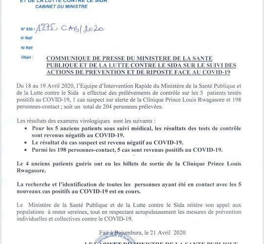 COVID-19 :  5 cas positifs et 4 guéris  –  Communiqué GOV.BI du 21/04/2020 – Burundi
