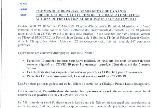 COVID-19 :  11 cas positifs sur 19,  7 guéris, et 1 décès particuliers,  2 mai 2020 / Burundi