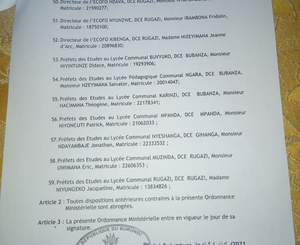 BURUNDI : 59 fonctionnaires éducatifs remplacés à BUBANZA
