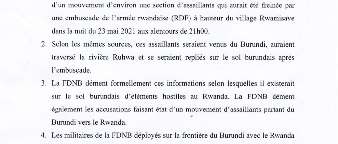 Le BURUNDI dément le présence sur son sol de rebelles du RWANDA
