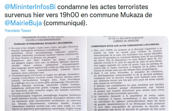 BURUNDI : TERRORISME – 2 morts suite à 3 grenades lancées sur la foule à BUJUMBURA