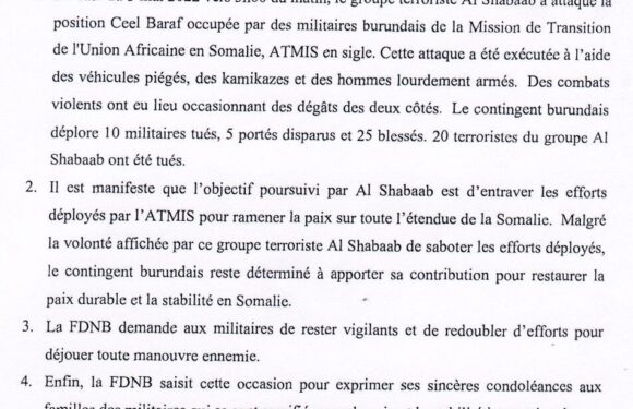 Burundi / Somalie :  10 militaires FDNB burundais – ATMIS et 20 Shebaab tués