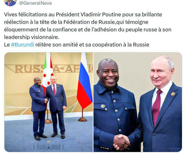 Burundi / Russie : Ère multipolaire, Ndayishimiye félicite Poutine pour sa brillante réélection.