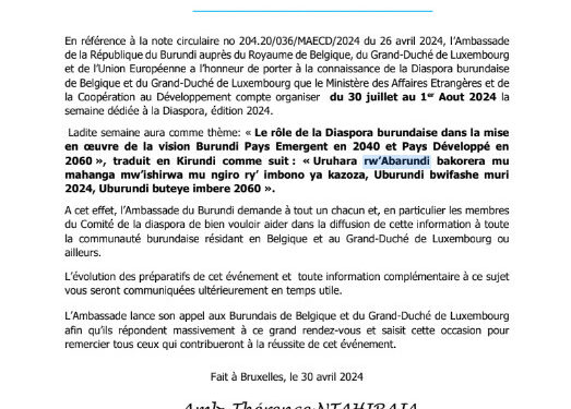 Burundi / Agenda : Semaine de la Diaspora burundaise du 30 juillet au 1er août 2024.