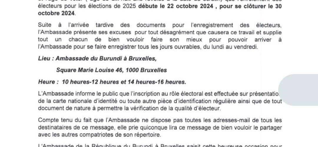 Burundi / Diaspora : Enrôlement des électeurs du 22 au 30 octobre 2024 à Bruxelles.