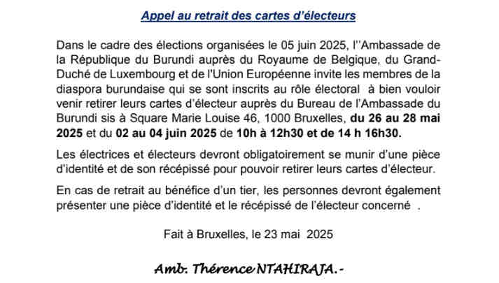 Burundi / Diaspora – Elections 2025 : Appel au retrait des cartes d’électeurs à Bruxelles, Belgique