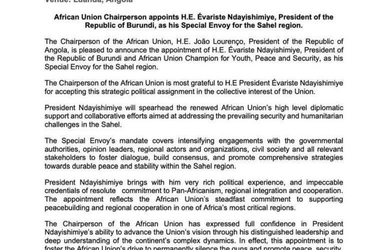 Burundi : Ndayishimiye, envoyé spécial de l’UA au Sahel