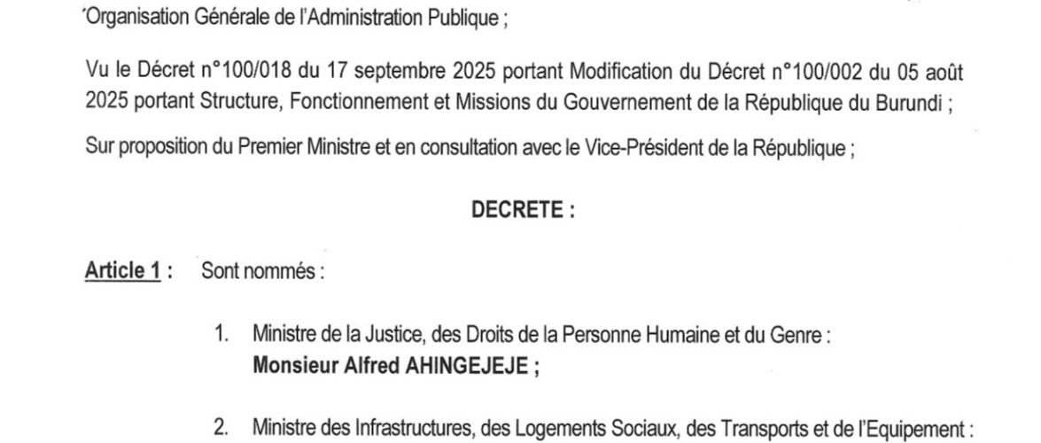 Burundi : Deux ministres remplacés par décret présidentiel