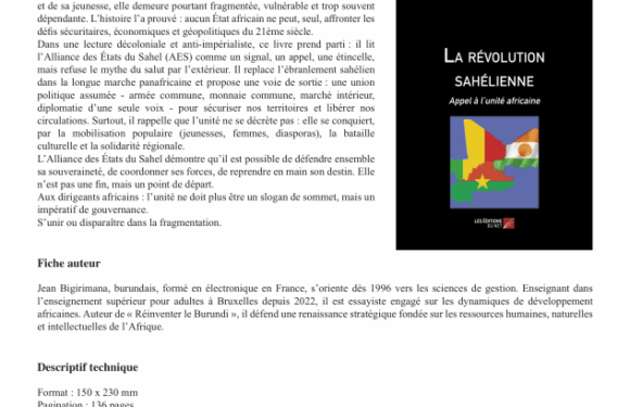 Burundi / Afrique : Bigirimana Jean appelle à l&rsquo;unité africaine dans un nouvel ouvrage