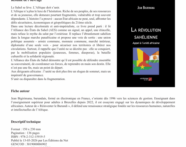Burundi / Afrique : Bigirimana Jean appelle à l&rsquo;unité africaine dans un nouvel ouvrage