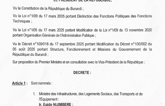 Burundi / Politique : Ndayishimiye Évariste nomme de nouveaux membres du gouvernement