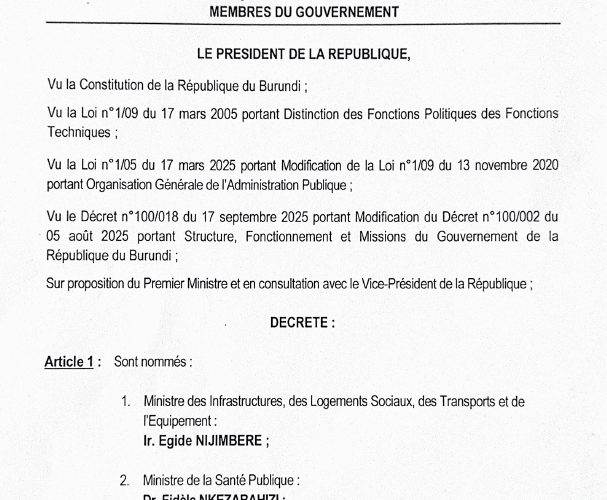 Burundi / Politique : Ndayishimiye Évariste nomme de nouveaux membres du gouvernement