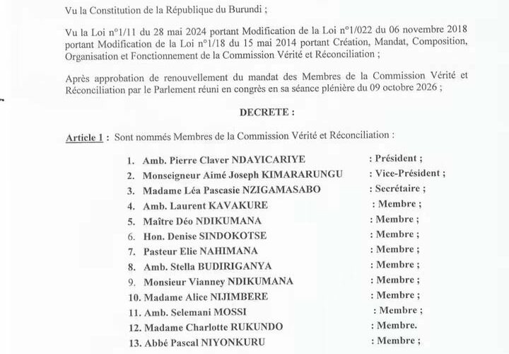 Burundi / Histoire : Le Président Ndayishimiye Evariste nomme les 13 membres de la CVR